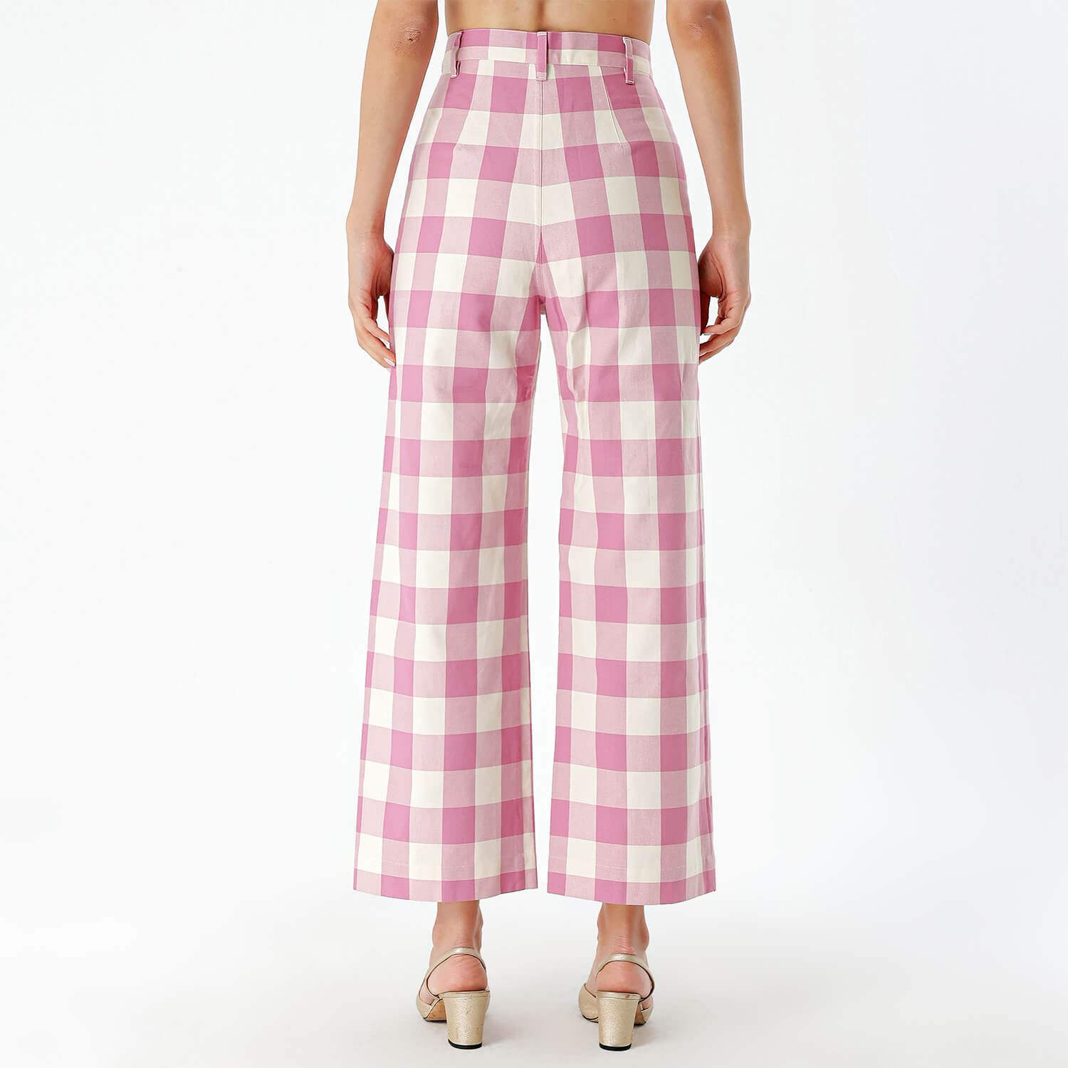 La Veste - Pink&White Cotton Checked Wide Leg Pants